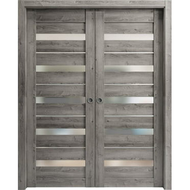 Sliding Closet Bypass Doors 48 x 80 inches | Lucia 2166 Matte Black Clear Glass | Sturdy Rails Moldings Trims Hardware Set | Wood Solid Bedroom Wardrobe Doors