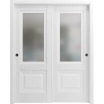 Sliding Closet Bypass Doors 48 x 80 inches | Lucia 8822 White Silk with Frosted Glass | Sturdy Rails Moldings Trims Hardware Set | Wood Solid Bedroom Wardrobe Doors