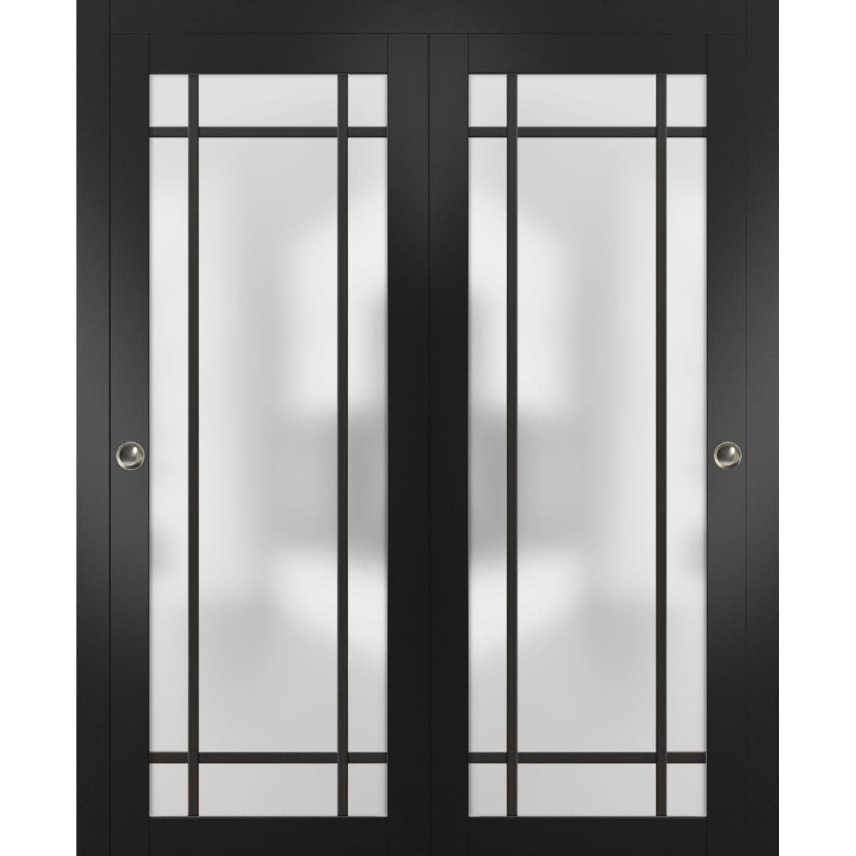 Sliding Closet Bypass Doors 48 x 80 inches | Planum 2112 Matte Black Frosted Glass | Sturdy Rails Moldings Trims Hardware Set | Wood Solid Bedroom Wardrobe Doors