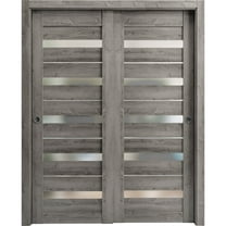 Sliding Closet Bypass Doors 48 x 80 inches | Quadro 4445 Nebraska Grey with Frosted Glass | Sturdy Rails Moldings Trims Hardware Set | Wood Solid Bedroom Wardrobe Doors