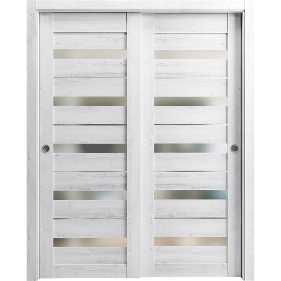 Sliding Closet Bypass Doors 48 x 80 inches | Quadro 4445 Nordic White with Frosted Glass | Sturdy Rails Moldings Trims Hardware Set | Wood Solid Bedroom Wardrobe Doors