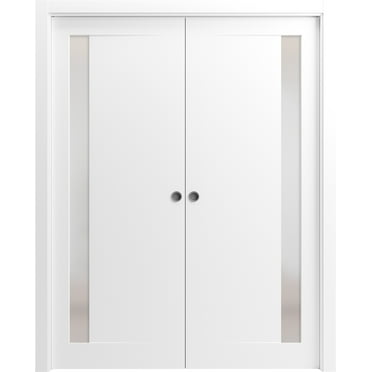 Sliding Closet Bypass Doors 48 x 80 inches | Sete 6933 Matte Black with Frosted Glass | Sturdy Rails Moldings Trims Hardware Set | Wood Solid Bedroom Wardrobe Doors