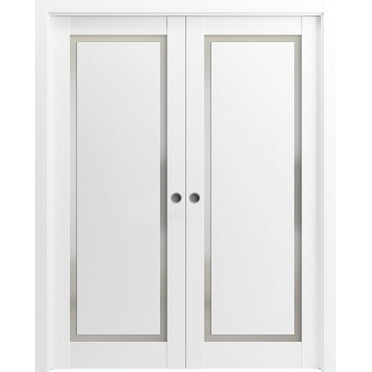 Sliding Closet Bypass Doors 48 x 80 inches | Sete 6933 Nebraska Grey with Frosted Glass | Sturdy Rails Moldings Trims Hardware Set | Wood Solid Bedroom Wardrobe Doors