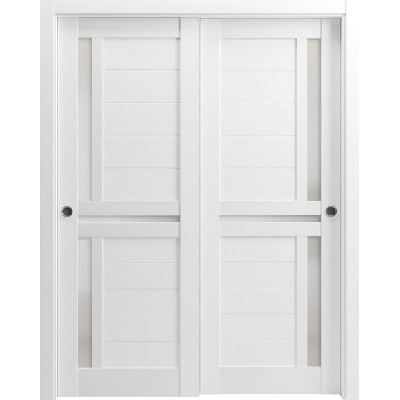Sliding Closet Bypass Doors 48 x 80 inches | Veregio 7288 White Silk with Frosted Glass | Sturdy Rails Moldings Trims Hardware Set | Wood Solid Bedroom Wardrobe Doors