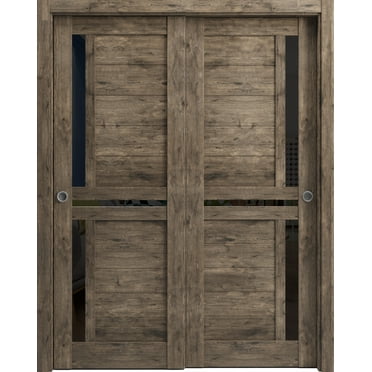 Sliding Closet Bypass Doors 48 x 80 inches | Veregio 7588 Cognac Oak with Black Glass | Sturdy Rails Moldings Trims Hardware Set | Wood Solid Bedroom Wardrobe Doors