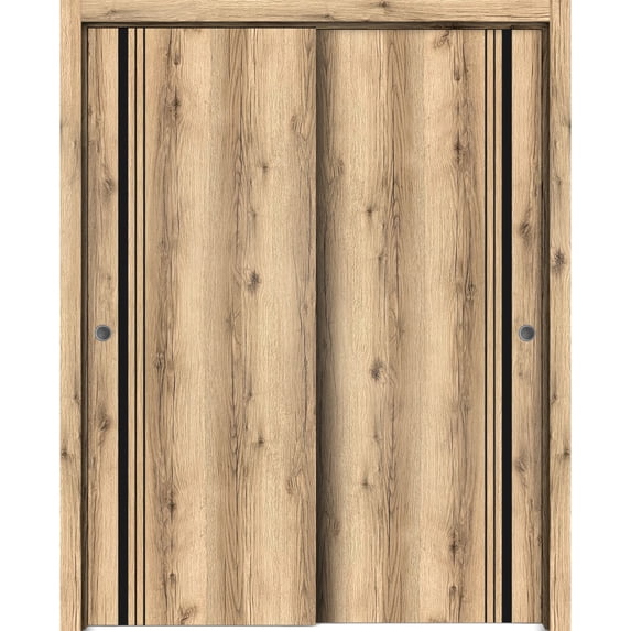 Sliding Closet Bypass Doors 48 x 96 inches | Planum 0011 Oak with Frosted Glass | Sturdy Rails Moldings Trims Hardware Set | Wood Solid Bedroom Wardrobe Doors