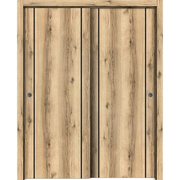 Sliding Closet Bypass Doors 48 x 96 inches | Planum 0017 Oak with Frosted Glass | Sturdy Rails Moldings Trims Hardware Set | Wood Solid Bedroom Wardrobe Doors