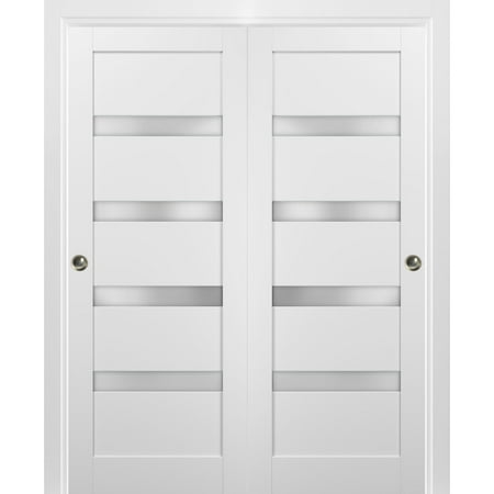 Sliding Closet Bypass Doors 56 x 80 with hardware | Quadro 4113 White Silk with Frosted Opaque Glass | Sturdy Top Mount Rails Moldings Trims Set | Kitchen Lite Wooden Solid Bedroom Wardrobe Doors