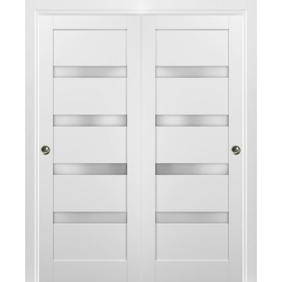 Sliding Closet Bypass Doors 56 x 80 with hardware | Quadro 4113 White Silk with Frosted Opaque Glass | Sturdy Top Mount Rails Moldings Trims Set | Kitchen Lite Wooden Solid Bedroom Wardrobe Doors