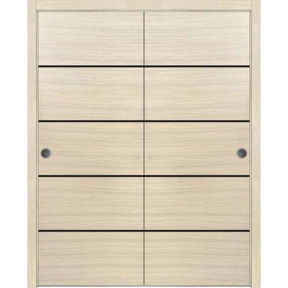 Sliding Closet Bypass Doors 56 x 80 inches | Planum 0015 Natural Veneer with Frosted Glass | Sturdy Rails Moldings Trims Hardware Set | Wood Solid Bedroom Wardrobe Doors