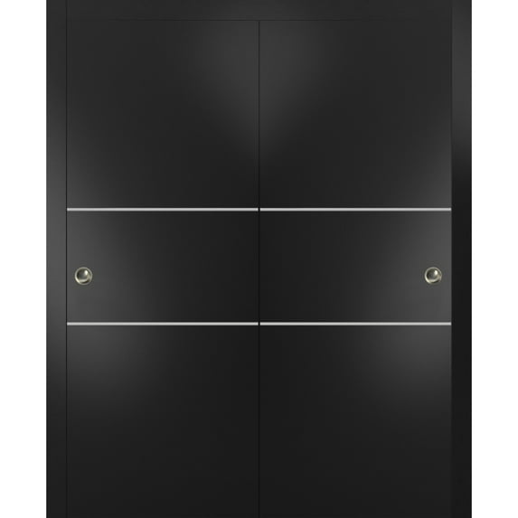 Sliding Closet Bypass Doors 56 x 80 inches | Planum 0110 Matte Black with Frosted Glass | Sturdy Rails Moldings Trims Hardware Set | Wood Solid Bedroom Wardrobe Doors