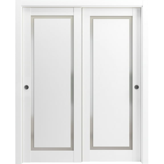 Sliding Closet Bypass Doors 56 x 80 inches | Planum 0888 Painted White with Frosted Glass | Sturdy Rails Moldings Trims Hardware Set | Wood Solid Bedroom Wardrobe Doors