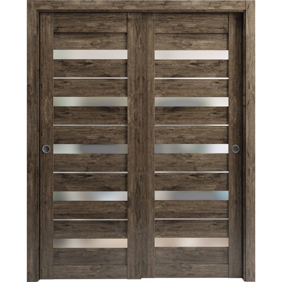 Sliding Closet Bypass Doors 56 x 80 inches | Quadro 4445 Cognac Oak with Frosted Glass | Sturdy Rails Moldings Trims Hardware Set | Wood Solid Bedroom Wardrobe Doors