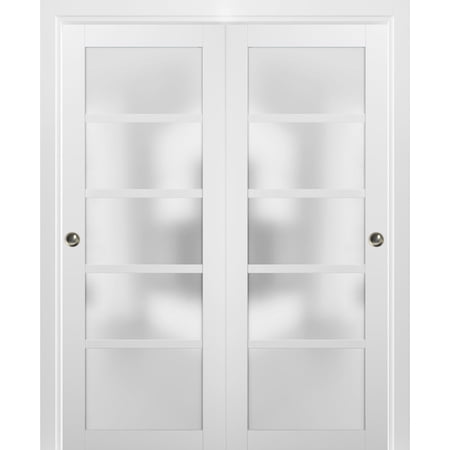 Sliding Closet Bypass Doors 56 x 84 with hardware | Quadro 4002 White Silk with Frosted Opaque Glass | Sturdy Top Mount Rails Moldings Trims Set | Kitchen Lite Wooden Solid Bedroom Wardrobe Doors