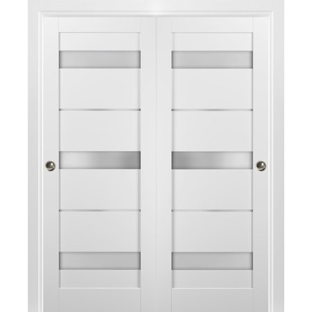 Sliding Closet Bypass Doors 56 x 84 with hardware | Quadro 4055 White Silk with Frosted Opaque Glass | Sturdy Top Mount Rails Moldings Trims Set | Kitchen Lite Wooden Solid Bedroom Wardrobe Doors