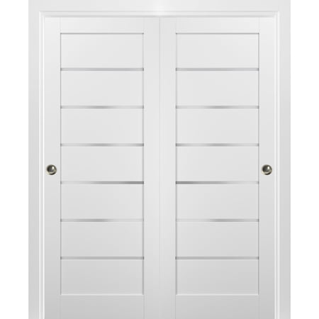 Sliding Closet Bypass Doors 56 x 84 with hardware | Quadro 4117 White Silk with Frosted Opaque Glass | Sturdy Top Mount Rails Moldings Trims Set | Kitchen Lite Wooden Solid Bedroom Wardrobe Doors