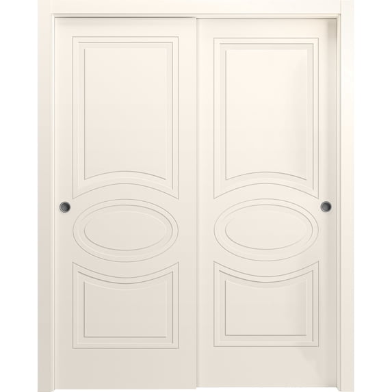 Sliding Closet Bypass Doors 56 x 84 inches / Mela 7001 Painted Creamy / Rails Hardware Set / Wood Solid Bedroom Wardrobe Doors