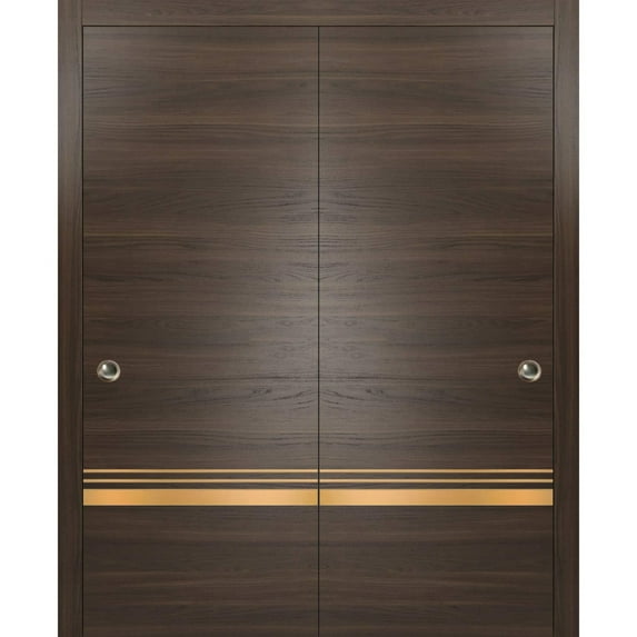 Sliding Closet Bypass Doors 56 x 84 inches | Planum 2010 Chocolate Ash with Frosted Glass | Sturdy Rails Moldings Trims Hardware Set | Wood Solid Bedroom Wardrobe Doors