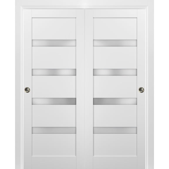Sliding Closet Bypass Doors 56 x 96 with hardware | Quadro 4113 White Silk with Frosted Opaque Glass | Sturdy Top Mount Rails Moldings Trims Set | Kitchen Lite Wooden Solid Bedroom Wardrobe Doors