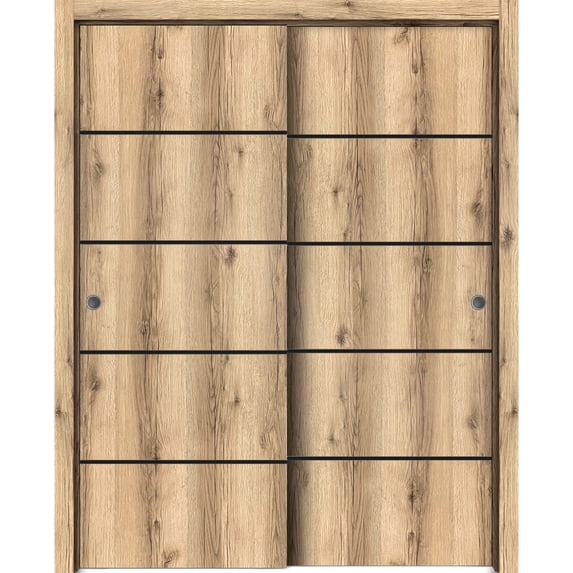 Sliding Closet Bypass Doors 56 x 96 inches | Planum 0015 Oak with Frosted Glass | Sturdy Rails Moldings Trims Hardware Set | Wood Solid Bedroom Wardrobe Doors