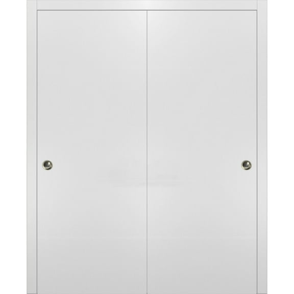 Sliding Closet Bypass Doors 60 x 80 | Planum 0010 White Silk | Rails Wheels Floor Guide Pulls Hardware Set | Modern Wardrobe Wood Solid Doors