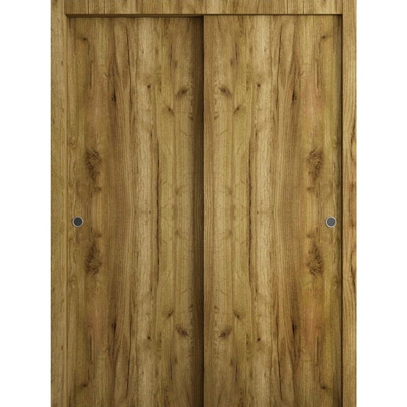 Sliding Closet Bypass Doors 60 x 80 in - LUNO 1003 Antique Oak - Rails Hardware Set - Wood Solid Bedroom Wardrobe Doors