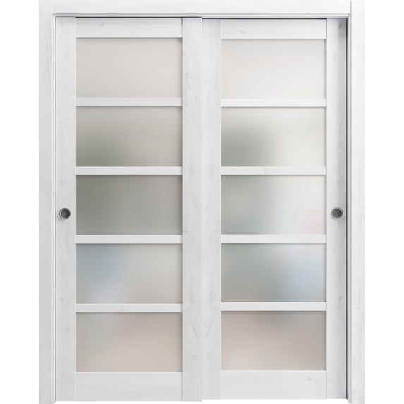 Sliding Closet Bypass Doors 60 x 80 inches | Quadro 4002 Nordic White with Frosted Glass | Sturdy Rails Moldings Trims Hardware Set | Wood Solid Bedroom Wardrobe Doors