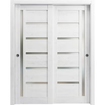 Sliding Closet Bypass Doors 60 x 80 inches | Quadro 4088 Nordic White with Frosted Glass | Sturdy Rails Moldings Trims Hardware Set | Wood Solid Bedroom Wardrobe Doors