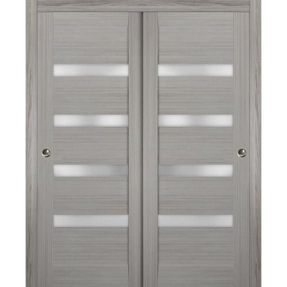 Sliding Closet Bypass Doors 60 x 80 inches | Quadro 4113 Grey Ash with Frosted Glass | Sturdy Rails Moldings Trims Hardware Set | Wood Solid Bedroom Wardrobe Doors