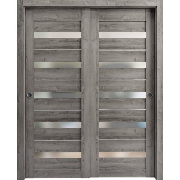 Sliding Closet Bypass Doors 60 x 80 inches | Quadro 4445 Nebraska Grey with Frosted Glass | Sturdy Rails Moldings Trims Hardware Set | Wood Solid Bedroom Wardrobe Doors