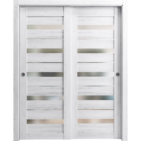Sliding Closet Bypass Doors 60 x 80 inches | Quadro 4445 Nordic White with Frosted Glass | Sturdy Rails Moldings Trims Hardware Set | Wood Solid Bedroom Wardrobe Doors