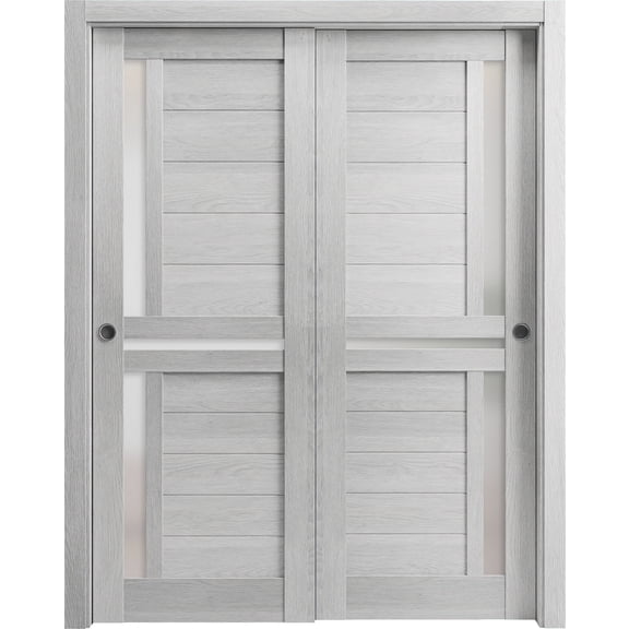 Sliding Closet Bypass Doors 60 x 80 inches | Veregio 7288 Light Grey Oak with Frosted Glass | Sturdy Rails Moldings Trims Hardware Set | Wood Solid Bedroom Wardrobe Doors