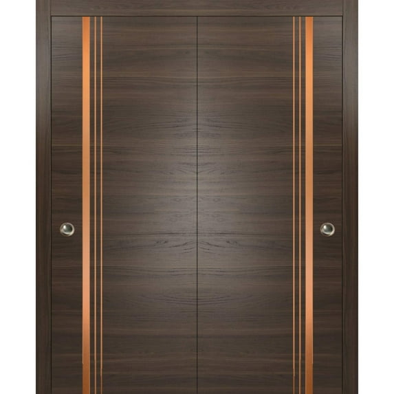 Sliding Closet Bypass Doors 60 x 84 inches | Planum 1010 Chocolate Ash with Frosted Glass | Sturdy Rails Moldings Trims Hardware Set | Wood Solid Bedroom Wardrobe Doors