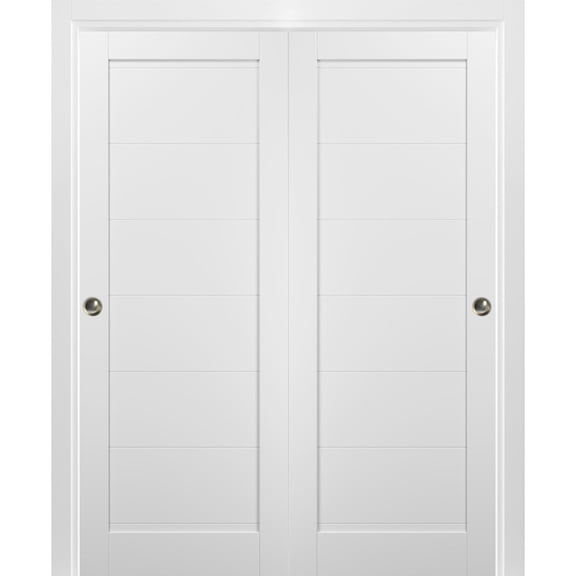Sliding Closet Bypass Doors 60 x 96 with hardware | Quadro 4115 White Silk | Sturdy Top Mount Rails Moldings Trims Set | Kitchen Wooden Solid Bedroom Wardrobe Doors