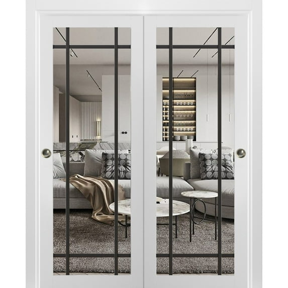 Sliding Closet Bypass Doors 60 x 96 inches | Lucia 2266 White Silk Clear Glass | Sturdy Rails Moldings Trims Hardware Set | Wood Solid Bedroom Wardrobe Doors