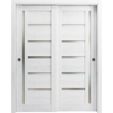Sliding Closet Bypass Doors 60 x 96 inches | Quadro 4088 Nordic White with Frosted Glass | Sturdy Rails Moldings Trims Hardware Set | Wood Solid Bedroom Wardrobe Doors