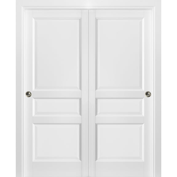 Sliding Closet Bypass Doors 64 x 80 with hardware | Lucia 31 Matte White | Sturdy Top Mount Rails Moldings Trims Hardware Set | Pantry Kitchen 3-Panels Wooden Solid Bedroom Wardrobe Doors