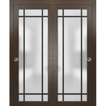 Sliding Closet Bypass Doors 64 x 80 inches | Planum 2112 Chocolate Ash Frosted Glass | Sturdy Rails Moldings Trims Hardware Set | Wood Solid Bedroom Wardrobe Doors
