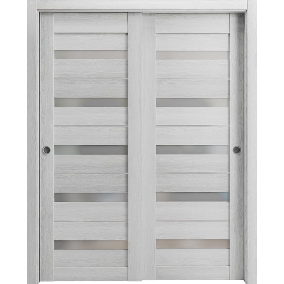 Sliding Closet Bypass Doors 64 x 80 inches | Quadro 4445 Light Grey Oak with Frosted Glass | Sturdy Rails Moldings Trims Hardware Set | Wood Solid Bedroom Wardrobe Doors