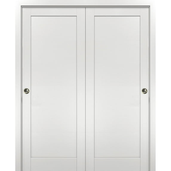 Sliding Closet Bypass Doors 64 x 84 with hardware | Quadro 4111 White Ash | Sturdy Top Mount Rails Moldings Trims Hardware Set | Modern MDF Solid Bedroom Wardrobe Doors