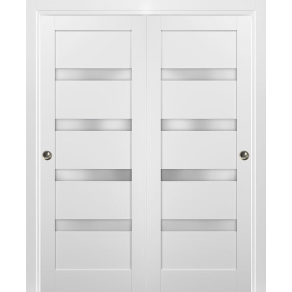 Sliding Closet Bypass Doors 64 x 84 with hardware | Quadro 4113 White Silk with Frosted Opaque Glass | Sturdy Top Mount Rails Moldings Trims Set | Kitchen Lite Wooden Solid Bedroom Wardrobe Doors
