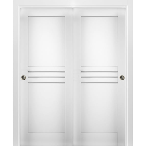 Sliding Closet Bypass Doors 64 x 84 inches / Mela 7444 White Silk / Rails Hardware Set / Wood Solid Bedroom Wardrobe Doors