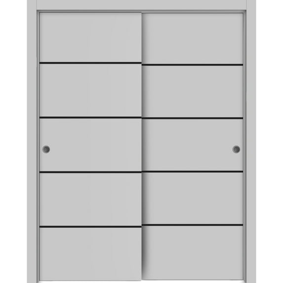 Sliding Closet Bypass Doors 64 x 84 inches | Planum 0015 Grey Matte with Frosted Glass | Sturdy Rails Moldings Trims Hardware Set | Wood Solid Bedroom Wardrobe Doors