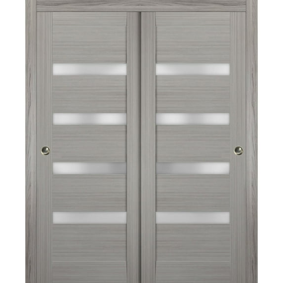 Sliding Closet Bypass Doors 64 x 84 inches | Quadro 4113 Grey Ash with Frosted Glass | Sturdy Rails Moldings Trims Hardware Set | Wood Solid Bedroom Wardrobe Doors