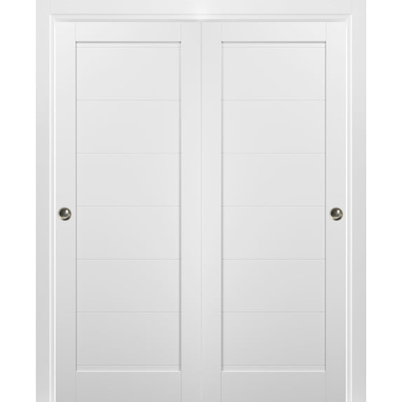 Sliding Closet Bypass Doors 64 x 96 with hardware | Quadro 4115 White Silk | Sturdy Top Mount Rails Moldings Trims Set | Kitchen Wooden Solid Bedroom Wardrobe Doors
