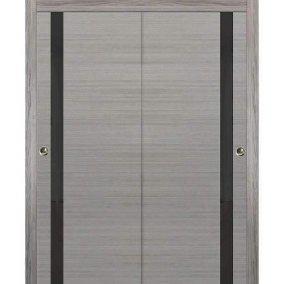 Sliding Closet Bypass Doors 64 x 96 inches | Planum 0040 Grey Ash with Black Glass | Sturdy Rails Moldings Trims Hardware Set | Wood Solid Bedroom Wardrobe Doors