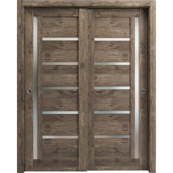 Sliding Closet Bypass Doors 64 x 96 inches | Quadro 4088 Cognac Oak with Frosted Glass | Sturdy Rails Moldings Trims Hardware Set | Wood Solid Bedroom Wardrobe Doors