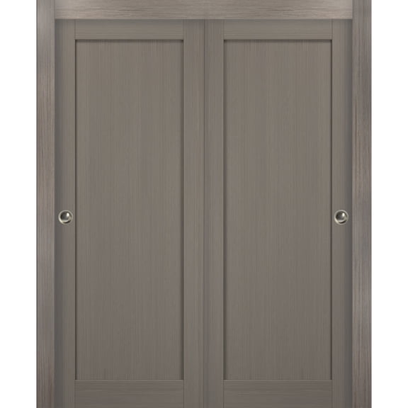 Sliding Closet Bypass Doors 72 x 80 with hardware | Quadro 4111 Grey Ash | Sturdy Top Mount Rails Moldings Trims Set | Kitchen Wooden Solid Bedroom Wardrobe Doors