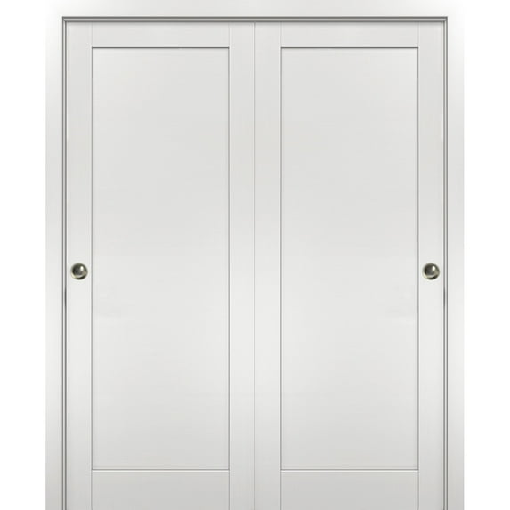 Sliding Closet Bypass Doors 72 x 80 with hardware | Quadro 4111 White Ash | Sturdy Top Mount Rails Moldings Trims Hardware Set | Modern MDF Solid Bedroom Wardrobe Doors