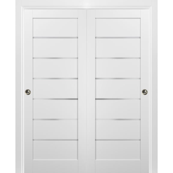 Sliding Closet Bypass Doors 72 x 80 with hardware | Quadro 4117 White Silk with Frosted Opaque Glass | Sturdy Top Mount Rails Moldings Trims Set | Kitchen Lite Wooden Solid Bedroom Wardrobe Doors